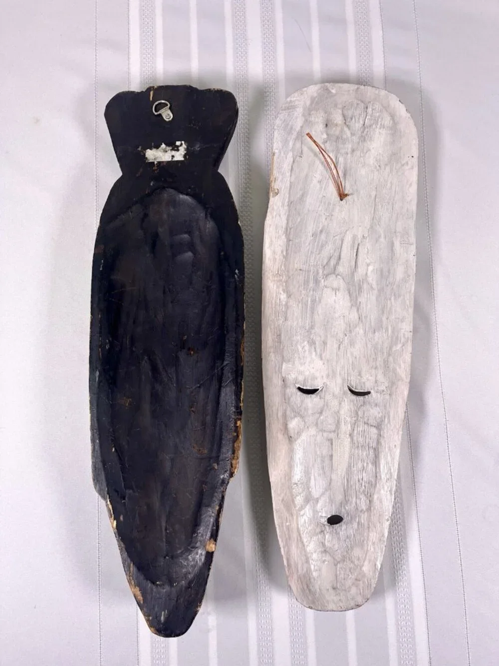 VTG Hand Carved Wooden Tribal Wall Masks Set of 2 Boho Coastal White, Black Folk